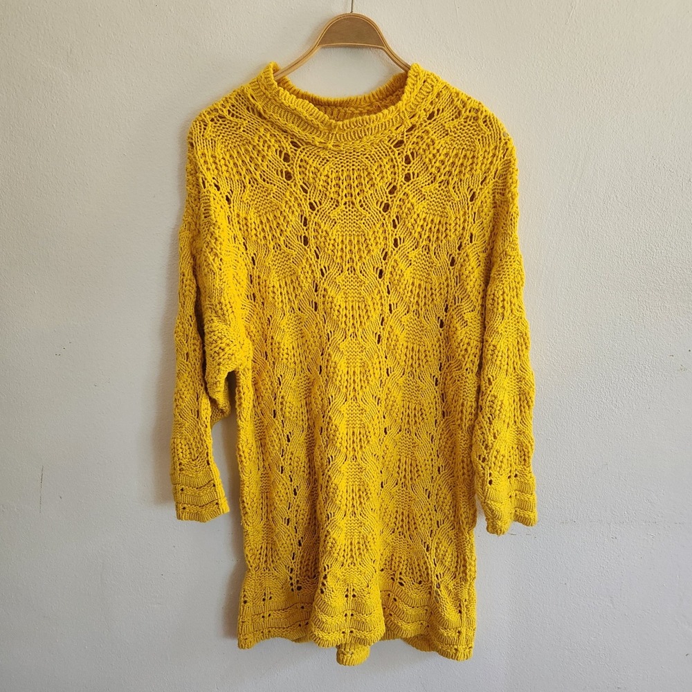 Vintage Sabu Loose Knit Tunic Sweater One Size Mustard Yellow Crewneck Cottage